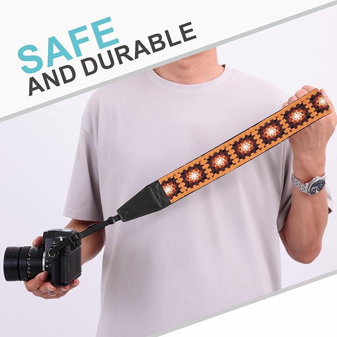 Padwa Lifestyle Yellow Crochet Camera Strap - 2" Full Grain Leather Ends Camera Straps for Photographers, Vintage Embroidered Cotton Soft Suede Fabric Padded Strap with Quick Release fits All Cameras - Image 7
