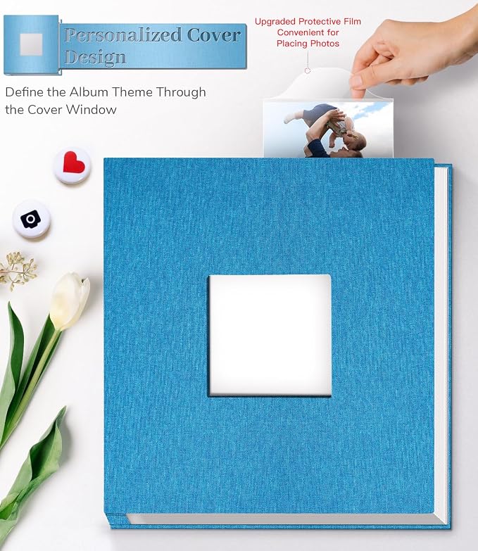 Artfeel Photo Album Self Adhesive Scrapbook Album for 3x5 4x6 5x7 8x10 Pictures,60 Pages Linen Cover with Display Window DIY Photo Book,Ideal Gifts for Family Travel Wedding Baby - Image 2