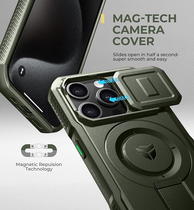 Dexnor for iPhone 15 Pro Case with Slide Camera Cover & Adjustable Kickstand, Compatible with MagSafe, Rugged Shockproof Bumper Cases Heavy-Duty Magnetic Protective Cover,6.1 inch,Army Green - Image 4