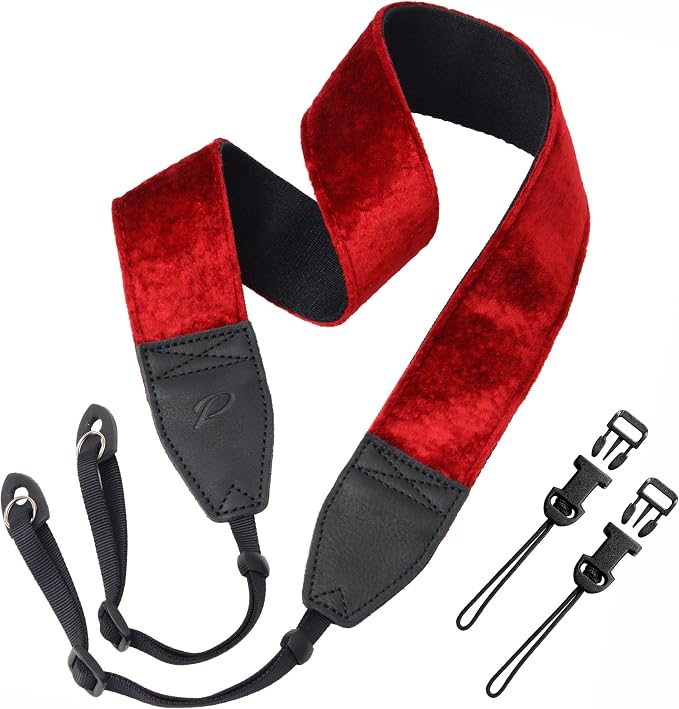 Padwa Lifestyle Velvet Camera Strap - 2" Double Layer Full Grain Cowhide Leather Head Camera Straps for Photographers,Unique Soft Velvet Fabric with Quick Release fits all Cameras - Ruby Red by PadwaLifestyleCameraStrap