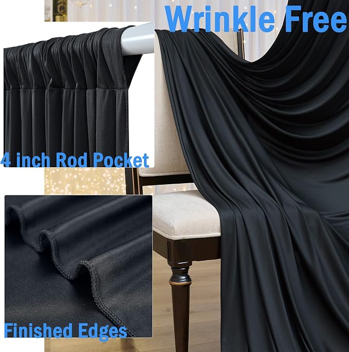 10x10ft Wrinkle Free Black Backdrop Curtain for Parties, Silky Polyester Photo Backdrop Drapes Back Drop Cloth for Wedding Birthday Graduation Photography Photoshoot Decor 2 Panels 5x10ft - Image 2