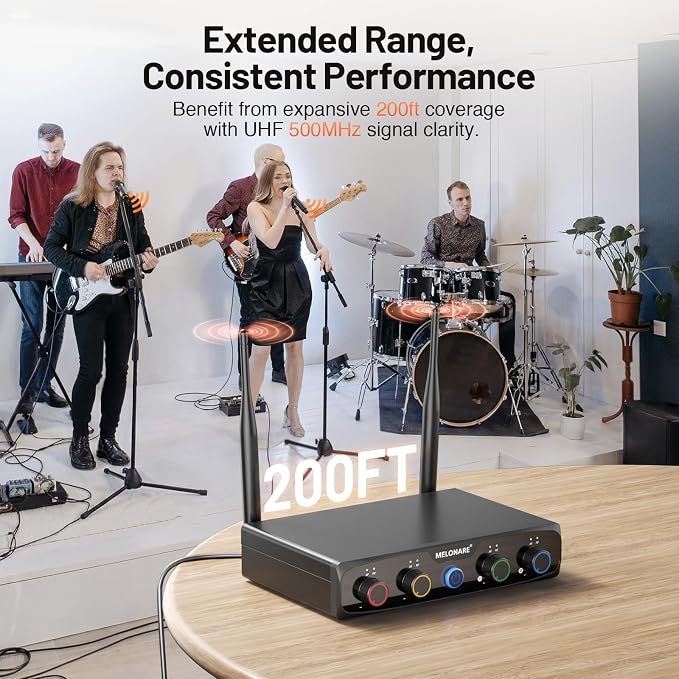 MELONARE 4x10 Freq. UHF Wireless Microphone System, 200FT Stable Signal | Cordless Handheld Mics, Microfono Inalambrico for Singing, Wedding, Karaoke, Church, DJ Events,Party MWM-41-4H - Image 3