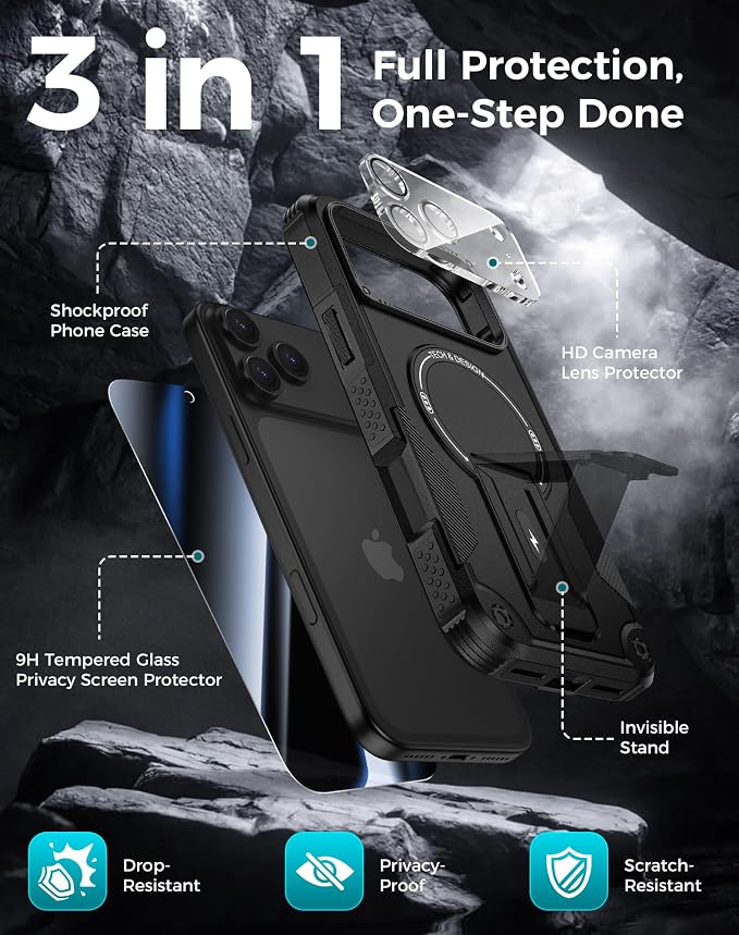 Goton 3 in 1 for iPhone 17 Pro Max Case with Privacy Screen Protector Black | Glass Camera Lens Protector,Compatible for MagSafe,Invisible Kickstand, Shockproof Phone Cover for iPhone 17 Promax - Image 3