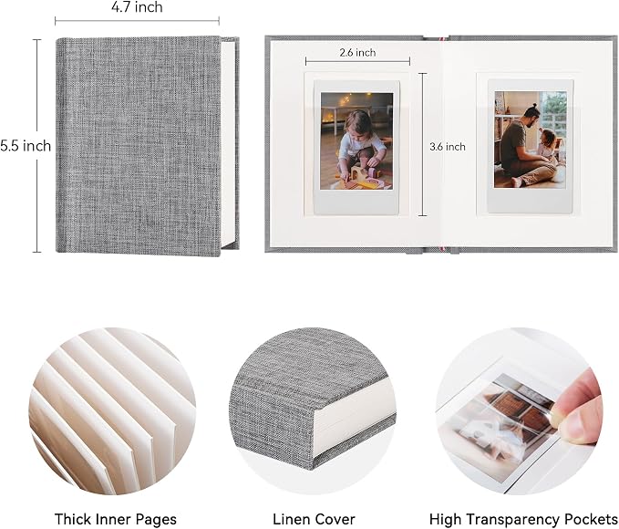 Instax Mini Photo Album with Writing Space, Linen Cover, Grey | Compatible with 2x3 inch & Polaroid Pictures, 28 Recessed Clear Pockets, Wedding Guest Book and Family Memories - Image 2