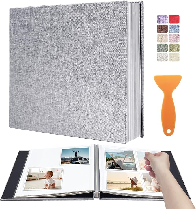 Large Photo Album Scrapbook – Holds 4x6, 8x10 Pictures – Self-Adhesive Pages for Baby, Wedding, Travel & Family Memories | Includes Metallic Pen & Scraper/Light Grey Large DIY Memory Book for Gifts by HoneyTolly