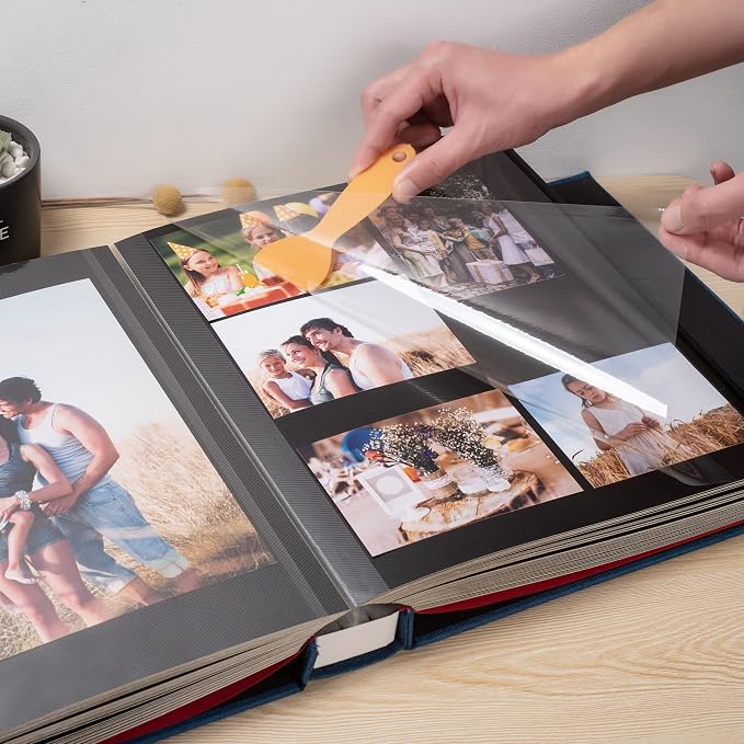 Large Photo Album Self Adhesive 4x6 5x7 3x5 8x10 Scrapbook Magnetic Album DIY Scrap Book Length 13 x Width 12.8 (Inches) 120 Black Sticky Pages Linen Cover DIY Photo Album(Blue) - Image 2