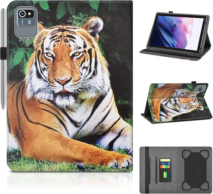 DETUOSI Universal 10.1 inch Tablet Case,Scratch Resistant | For ECOPAD ‎TH-KK12C,URAO X109,Aiprotablet C20e,Folio Leather Protective Cover,2-Angle Viewing Stand,3 Card Slots,Tiger by DETUOSI