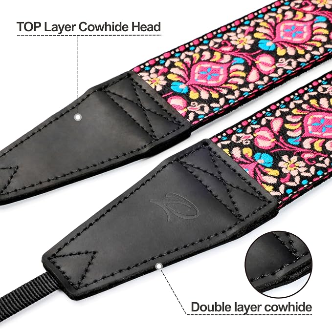 Padwa Lifestyle Pink Flower Camera Strap - 2" Full Grain Leather Ends Camera Straps for Photographers, Vintage Embroidered Cotton Weave Soft Suede Fabric Padded Strap Quick Release fits All Cameras - Image 2