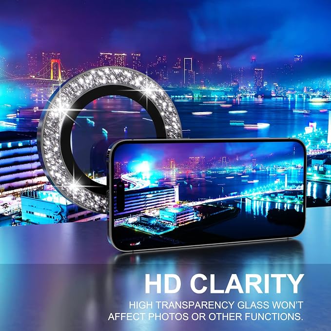 Choiche for iPhone 14 Pro/iPhone 14 Pro Max Camera Lens Protector | Ultra HD, Bling 9H Tempered Glass Camera Cover Screen Protector Metal Ring Decoration Accessories (Glitter-Black) - Image 5