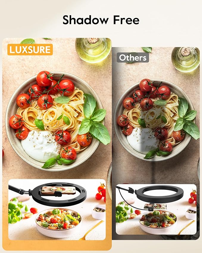 LUXSURE Ring Light with Stand for Desk,Adjustable Overhead Phone Mount with 10" Selfie Light Phone Tripod with Ring Light and Remote, Phone Stand with Light for Video Recording,Live Stream,Cooking - Image 6