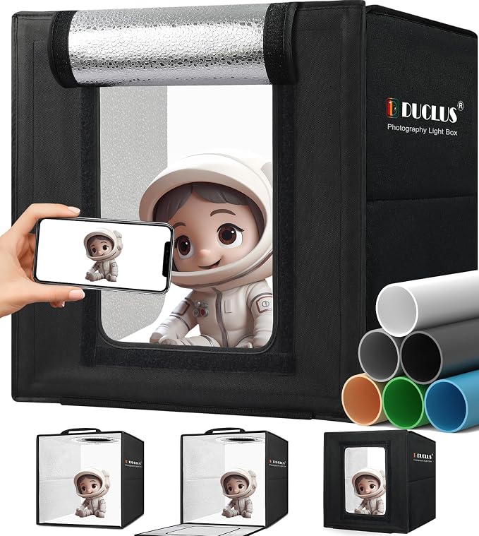 Light Box Photography, Portable Photo Studio Booth Box, 10" x 10" Professional Mini Shooting Tents with 104 LED Lights Dimmable, 6 Backdrops for Small Product: Jewelry, Miniature Models etc. by DUCLUS