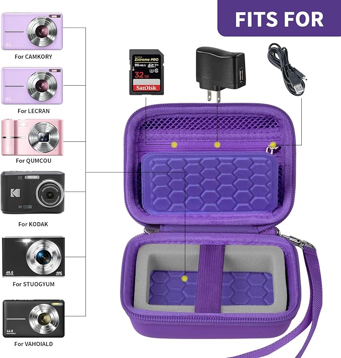 Comecase Digital Camera Case for Kodak PIXPRO FZ45 FZ55, Dark Purple | Fits Cameras up to 4.33 x 3.07 x 2.3 in, Pre-Cut Foam, Elastic Strap&Hand Strap, Mesh Pocket for Accessories, Case Only - Image 2