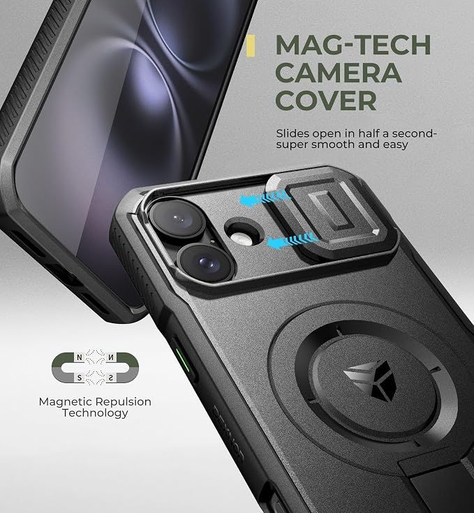 Dexnor for iPhone 16 Plus Case with Slide Camera Cover & Adjustable Kickstand, Magnetic Rugged Shockproof Bumper Cases Heavy-Duty Mangetic Protective Cover,Black - Image 4