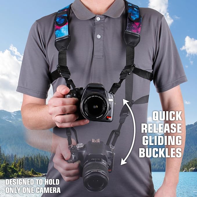 USA Gear DSLR Camera Strap Chest Harness with Quick Release Buckles, Galaxy Neoprene Pattern and Accessory Pockets - Compatible with Canon, Nikon, Sony and More Point and Shoot and Mirrorless Cameras - Image 2