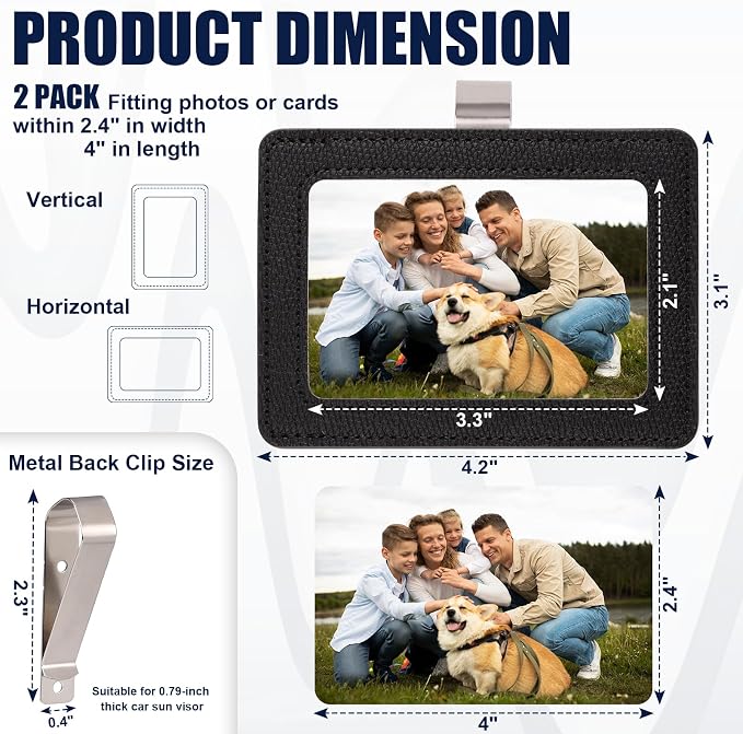2 Pack Car Picture Frame Visor Clip Leather Sun Visor Photo Clip Holder Personalized Car Picture Holder Display Visor Photo Frame Vertical Horizontal fit 2.36"x3.54" Photo Mini Instant Film - Image 2