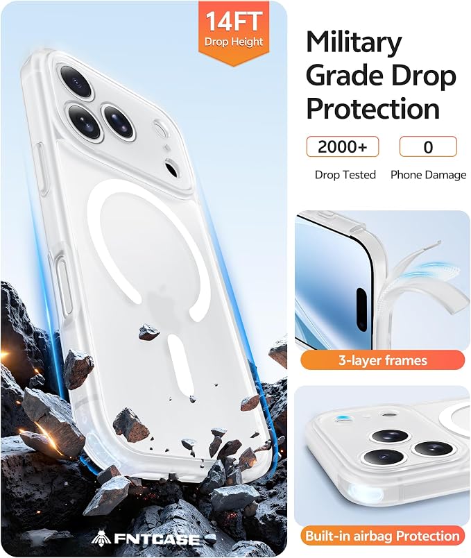 FNTCASE for iPhone 17 Pro Max Case, Fit for Magsafe, Screen Protector White | Full Camera Protection, Translucent Matte, 14FT Military Grade Drop Proof, Shockproof Protective Phone Cover, White - Image 5