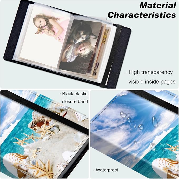 Small Photo Album 4x6, 60 Pockets Holds 120 Photos, Slip-in Pocket Photo Storage Book with Black Elastic Band for Family Wedding Baby Travel Pictures, Beach Conch Starfish - Image 5