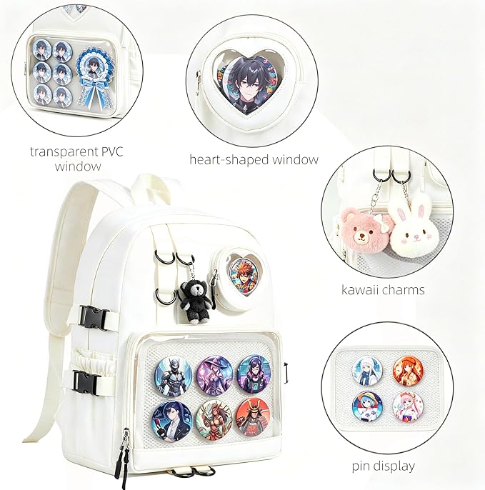 Ita Bag Backpack with Insert - Kawaii Pin Display Clear Window Bookbag, Y2K Aesthetic Laptop Backpack for Anime Cosplay School, Fits 15.6" Laptop, White - Image 3