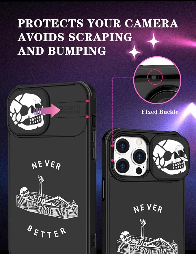 (2in1 for iPhone 15 Pro Case Skull Skeleton Women Boys Goth Phone Cover Cute Fun Gothic Black Spooky Cool Design with Slide Camera Cover Protective Stand Holder for iPhone 15 Pro Cases 6.1'' - Image 3