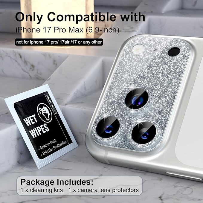 Choiche for iPhone 17 Pro Max Camera Lens Protector, Glitter-Silver | Bling Metal Camera Cover with 9H Tempered Glass Lens Screen Protector Accessories, Strong Adsorption, Case-Friendly, 6.9-inch - Image 2