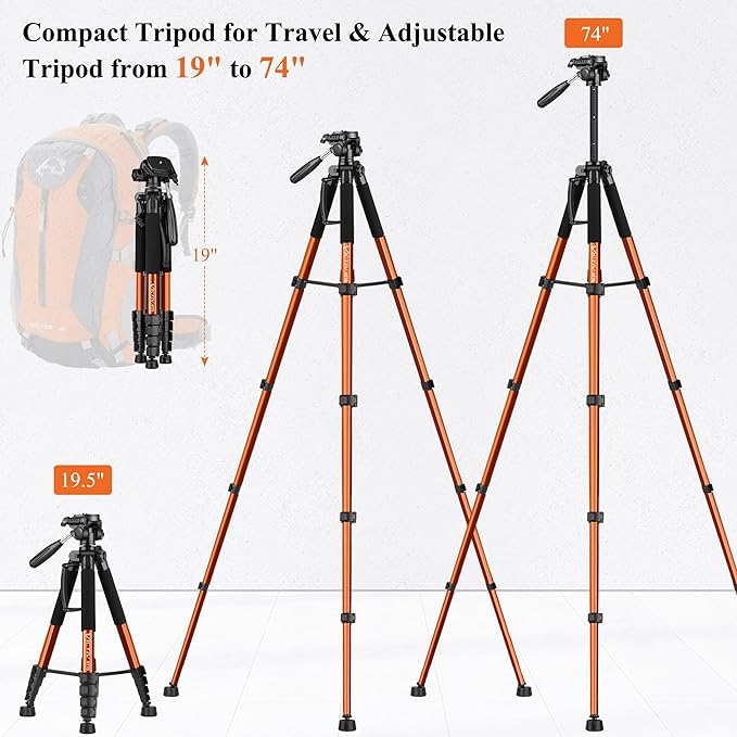 Victiv 74” Camera Tripod, Phone Tripod for iPhone with Phone Holder, Orange | Aluminum Professional Heavy Duty Camera Tripod Stand, Tall Tripod for DSLR with Carry Bag, Compatible with Canon Nikon iPhone - Image 2