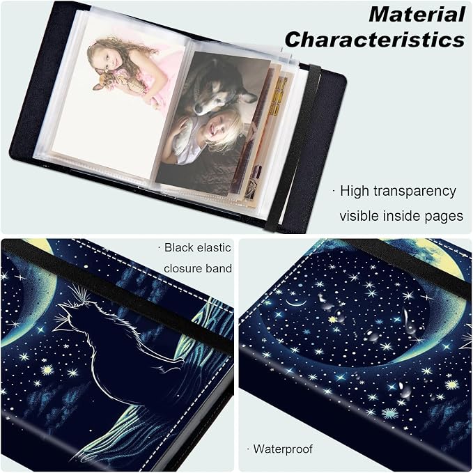 Small Photo Album 5x7, 60 Pockets Holds 120 Photos, Slip-in Pocket Photo Album with Black Elastic Band for Family Wedding Baby Travel Pictures, Cute Cat Moon With Stars - Image 5