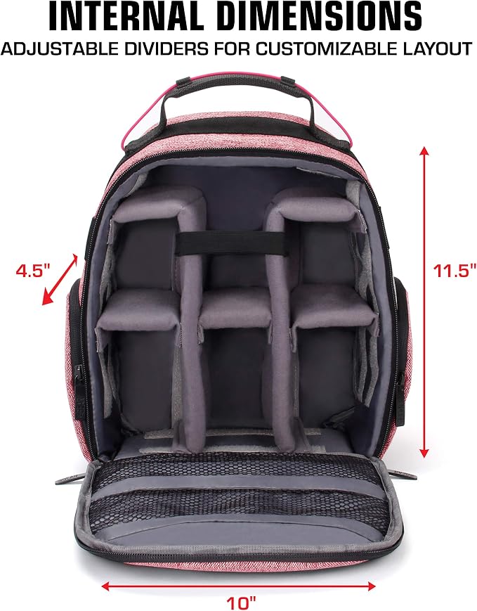 USA Gear Portable Camera Backpack for DSLR with Customizable Accessory Dividers, Weather Resistant Bottom and Comfortable Back Support - Compatible with Canon, Nikon, Sony, Fujifilm, and More (Red) - Image 4
