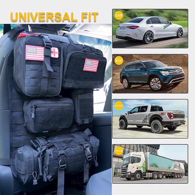 Universal Tactical Car Seat Back Organizer Bag Tactical Molle Vehicle Organizers Panel Vehicle Protector Organizers with 5 Detachable Pouches for Car Truck Ford Jeep (Upgraded D model Black) - Image 2