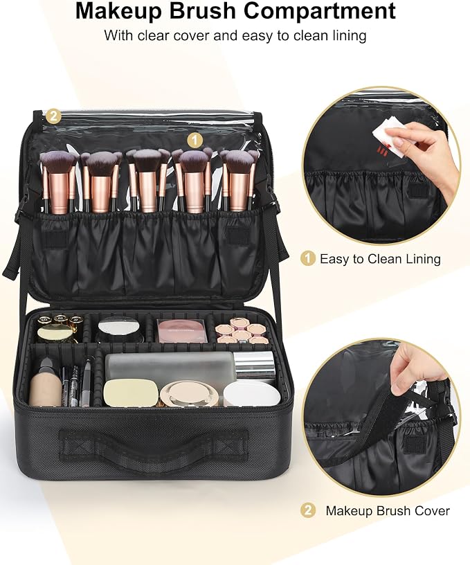 Relavel Makeup Bag Large Cosmetic Bag Travel Train Case Toiletry Bag for Women with Adjustable Dividers, Travel Essentials Organizer Case Storage Box for Skincare, Brushes, Black - Image 3