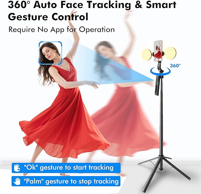 Auto Face Tracking Selfie Stick Tripod with Fill Light, 360 Rotation & Gesture Control, 70.9" Selfie Stick Tripod for iPhone with Remote for for TikTok/Vlog/Live Stream/Video Recording - Image 3