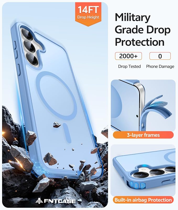 FNTCASE for Samsung Galaxy S25/S24 Plus Case, Fit Magsafe, Screen Protector | Translucent Matte Magnetic Back, 14FT Military Grade Drop Protection, Shockproof Protective Phone Cover, Light Blue - Image 5