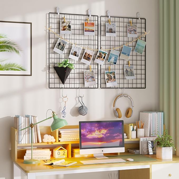 C&AHOME Photo Wall Display Set of 2, Wall Grid Panel, 17.7" x 25.6", Black | Photo Display Shelves, Wall Storagae Organizer, Grid Panel, Hooks, Clips, Hemp Cord, Hammer - Image 3
