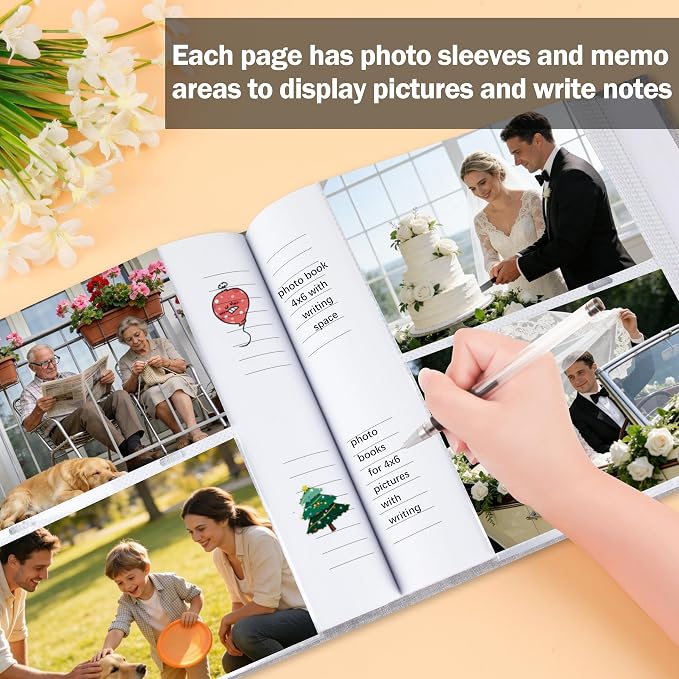 4x6 Photo Album Holds 240 Photos Writing Space, Linen Cover, Grey | Clear Acid-Free Sleeves, Memo Writing Areas, Front Display Window, Baby, Wedding, Travel & Family Picture Keepsakes - Image 4