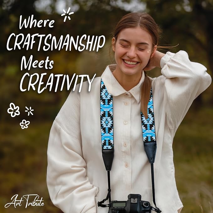 Art Tribute Camera Strap - Shoulder, Crossbody & Neck Camera Strap for Photographers, Fits All Cameras, Canon Nikon Sony Fujifilm, Padded Strap W/Quick Release, Embroidered Cotton & Leather Ends - Image 8