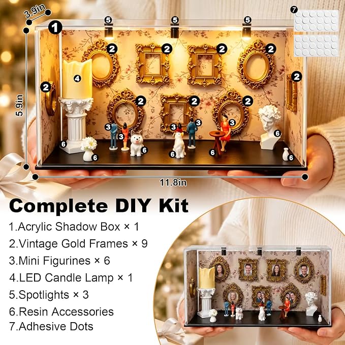 DIY Mini Museum Kit of Us Museum Shadow Box with Mini Picture Frames People Figurines & Led Light Memory Figurines Personalized Silhouette Box for Home Decor Wedding Graduation Pet Family Memorial - Image 2