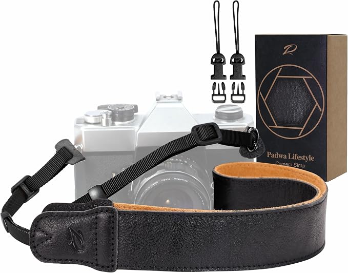 Padwa Lifestyle Black Leather Camera Strap - 1.5" Soft Full Grain Cowhide Camera Straps for Photographers, Soft Suede Fabric Padded Leather Strap with Quick Release fits All Cameras by PadwaLifestyleCameraStrap