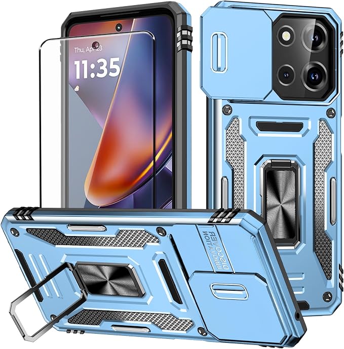 for Moto G 2025 Case with Screen Protector and with Camera Cover, 360°Military Grade Rotatable Kickstand (Heavy Duty) Shockproof Protective, Case for Moto G 2025 Light Blue by Aozuoton