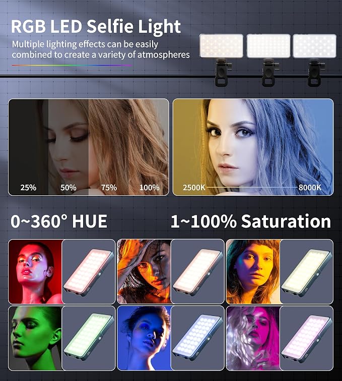 Selfie Light, 96 LED Phone Light with Metal Hotshoe & Clip, Rechargeable 2500K-8000K 360° Full Color 21 Scenes RGB Video Light for Phones, iPhone, Laptops, Cameras, Vlog, TikTok, Gifts for Women & Mom | CRI 96+ 2500K-8000K Rechargeable Full Color 21 Sc... - Image 4