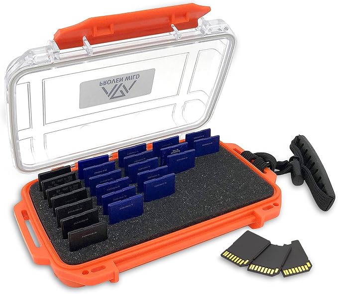 SD Card Holder by Proven Wild | Durable, Waterproof SD Card Case | SD Card Holder Case Holds 35 SD Cards Upright | Standard Memory Card Holder for DSLR & Trail Camera SD Cards, (Orange) by ProvenWild