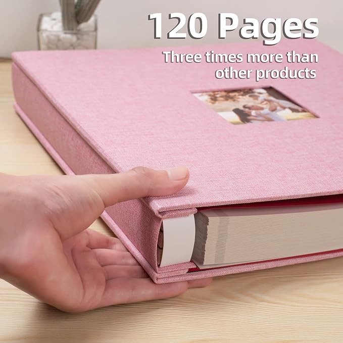 HoneyTolly Large Photo Album Self Adhesive, DIY Scrapbook Album for 600 Photos, 13"x12.6" 120 Pages Linen Cover Memory Book(Pink) - Image 6