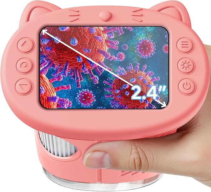 Microscope for Kids, 2.4 Inch Digital Microscope with 1000X Magnification, Handheld Camera Mini Pocket Magnifying Glass, Educational Birthday Gifts Toys for Ages 3+, Pink by Vorth