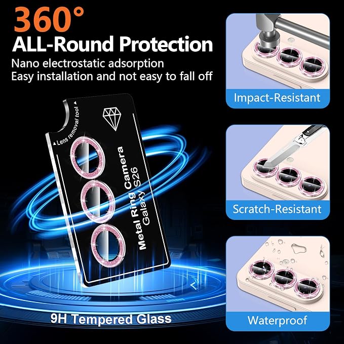 for Samsung Galaxy S26 Camera Lens Protector, Individual Metal Ring Tempered Glass Lens Cover, [Strong Adsorption] Scratch Resistant Ultra-Thin HD Clear Lens Cover, 1 Set-Pink Sparkly - Image 2