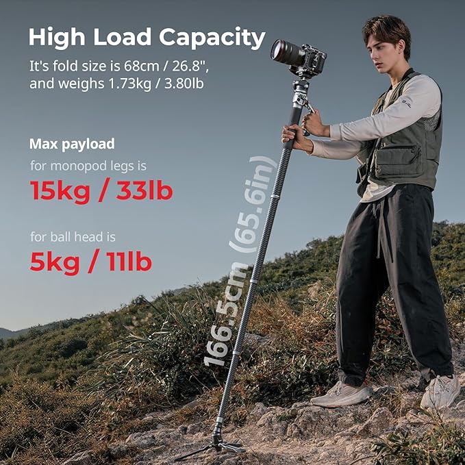 SmallRig 166.5cm / 65.6" Carbon Fiber Monopod for Camera, Compact Camera Monopod with One-Touch Height Adjustment, Max. 5kg Playload Ball Head, Storage Size of 68cm / 26.8", Weighs 1.72kg / 3.8lb - Image 4