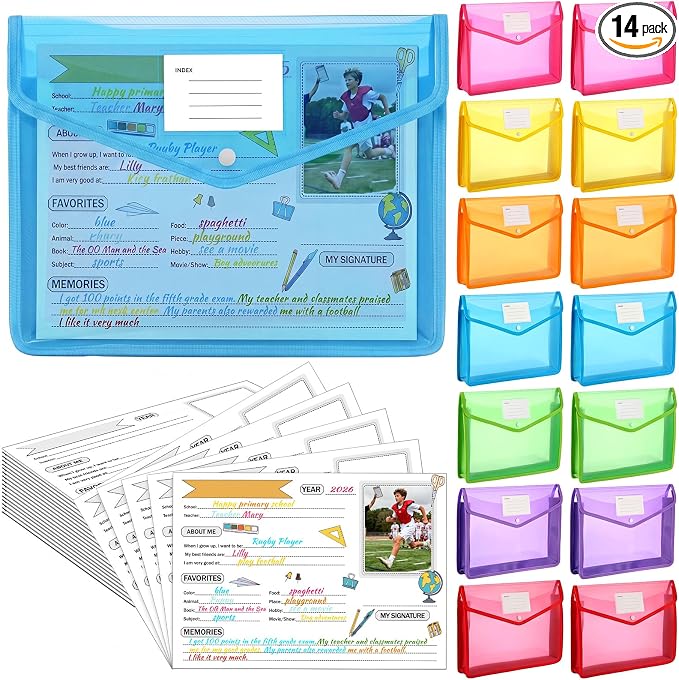 Motipuns 14 Pack K-12 School Memory Box Back to School, Multicolor | Large Capacity Organizer, 16 Questionnaire Cards, Photo Album Keepsake Scrapbook, from Pre to 12th Grade File Picture Folder by Motipuns