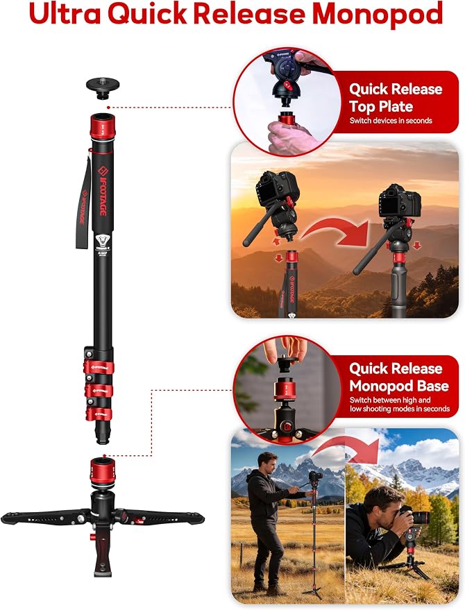 IFOOTAGE Cobra 3 A180F Aluminum Camera Monopod 71" | Telescopic Video Monopod with Feet Compatible with Sony Canon Nikon DSLR Cameras, Payload 17.6lb - Image 4