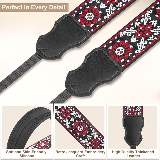 FIEIL Neck Strap Silicone Camera Straps - Padded Camera Strap, 1.5" Wide Adjustable Nylon Shoulder Strap - Compatible with Canon, Nikon, Sony, and More DSLR and Mirrorless Cameras (Red Flower) - Image 5