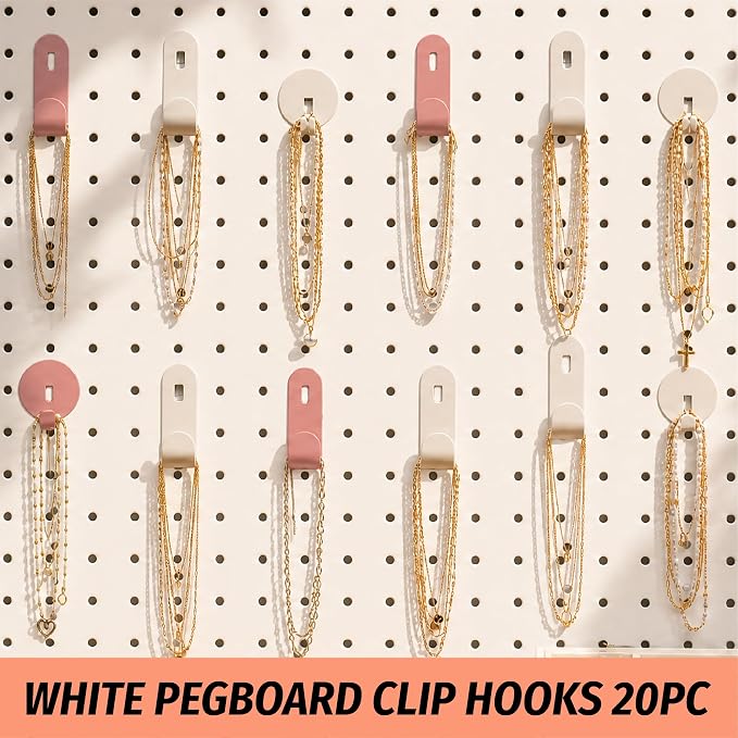 HUHOLE 20PC White Pegboard Clip Hooks for Thin Metal 1/4 Inch Pegboard | Picture Hangers with 10 lb Capacity, 10 Round and 10 Angled Peg Hooks for Jewelry, Crafts and Small Accessories - Image 6