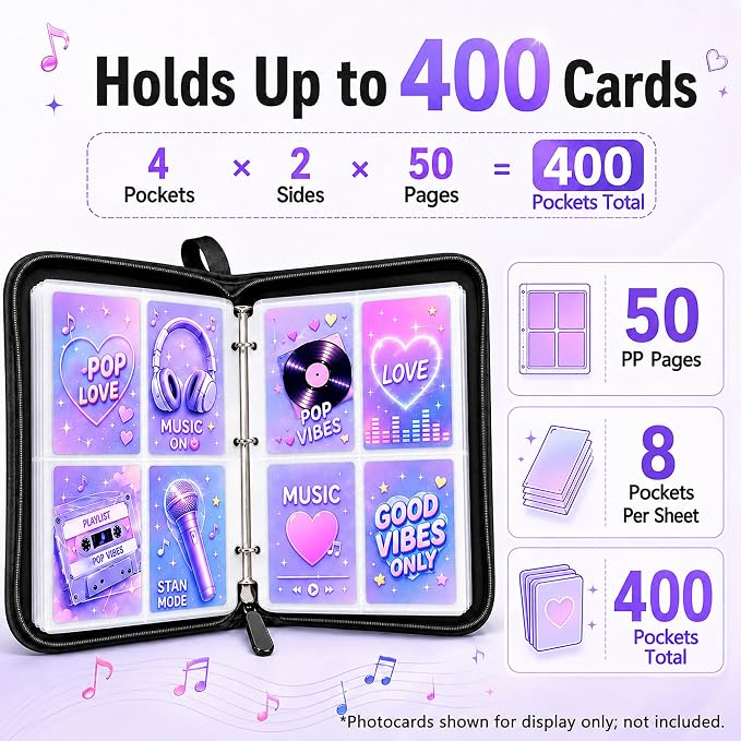 Cute Trading Photocard Binder, STAY Photo Album Cartoon Card Holder Book Storage 400 Cards with Sleeves for Lomo Cards Gift - Boys & Girls, idol Photo Protect (Black, 4 Pockets) - Image 2