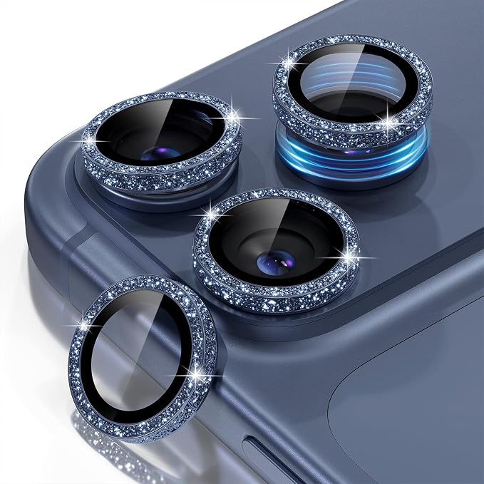 Misea Camera Lens Protector for iPhone 17 Pro Max/17 Pro, Deep Blue Glitter | Bling Upgraded Look, 9H Tempered Glass Individual Metal Camera Cover, Anti-Scratch, for iPhone 17/16/15/14 Pro Max/Pro by Misea