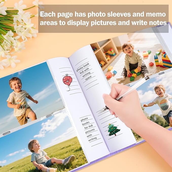 4x6 Photo Album Holds 240 Photos Writing Space Linen Cover, Purple | Clear Acid-Free Sleeves, Memo Writing Areas, Front Display Window, Baby, Wedding, Travel & Family Picture Keepsakes - Image 3